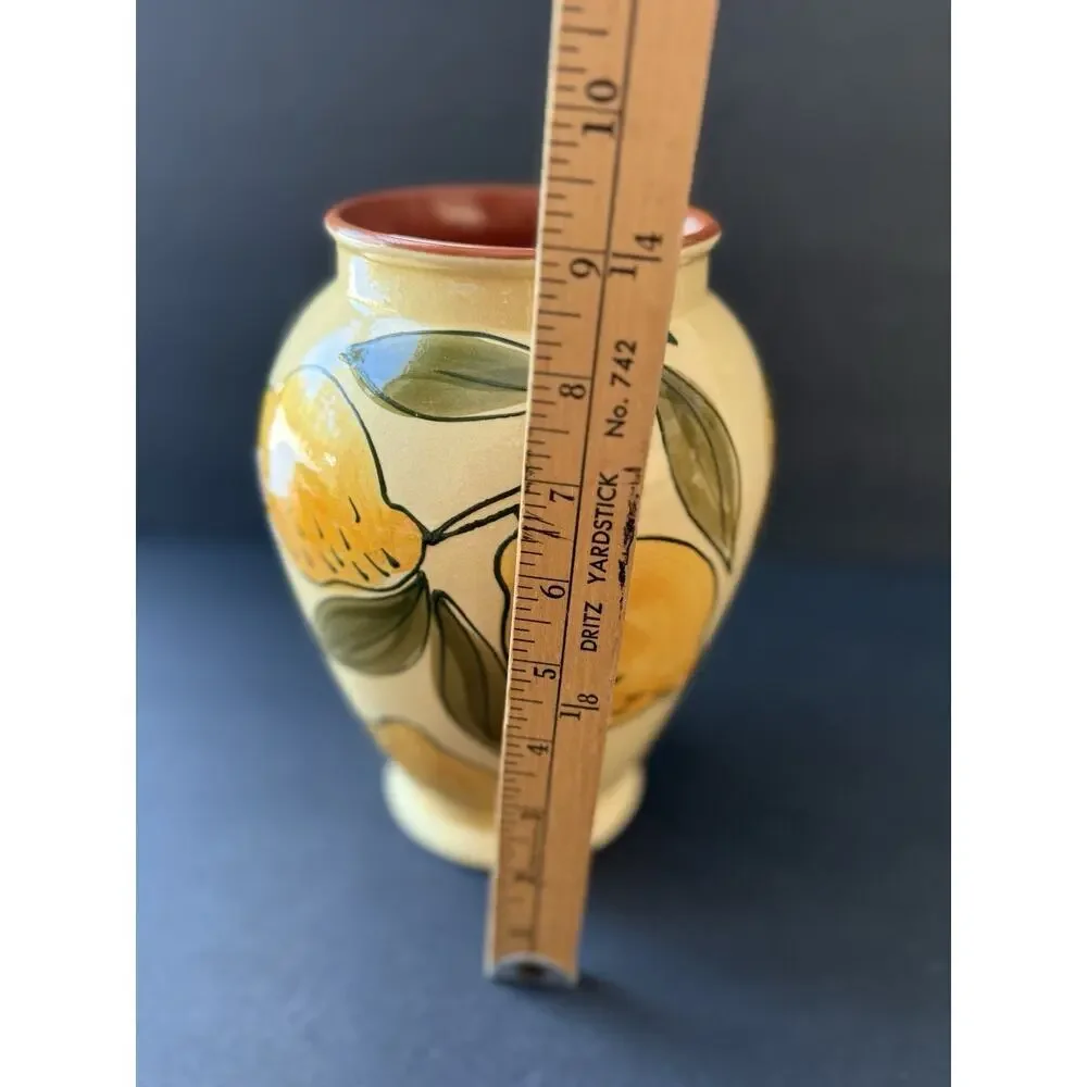 Vintage Handpainted Pottery Vase Vessel Lemons PearsTerracotta Portugal Artisan